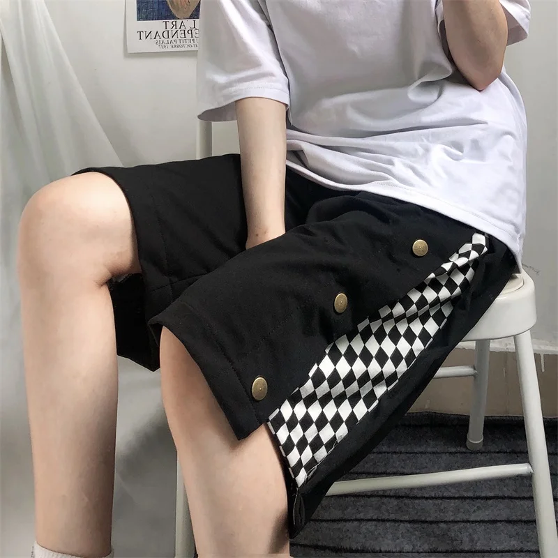 

Novelty Design Plaid Patchwork Elastic Waist Black Joggers Shorts Womens Mens 2021 Summer Streetwear Hip Hop Sportwear