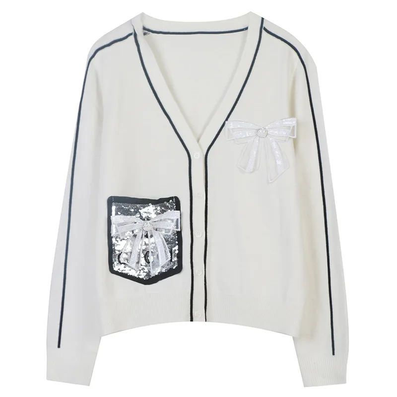 

Fashion Fall 2021 Women Clothing Cardigan V-Neck Long Sleeve Appliques Bow Knitted Sweater Cardigan Women