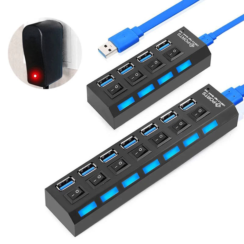 

USB 3,0 разветвитель, мультипорт, 7 портов, OTG разветвитель, зарядка с адаптером питания, светодиодный USB разветвитель с несколькими портами для ...