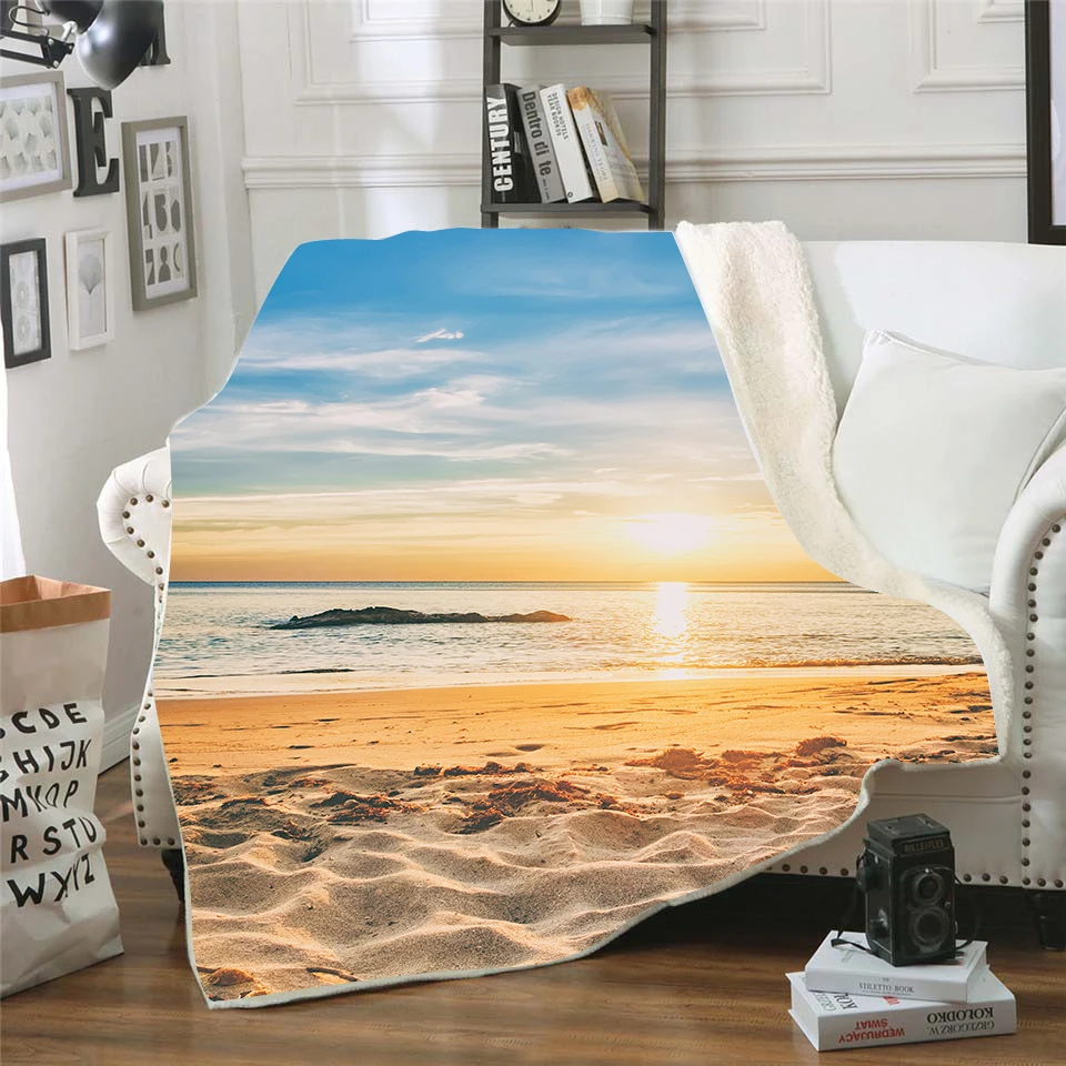 

3D Beach Blue Sky Printed Gothic Fleece Blanket For Beds Thick Quilt Fashion Bedspread Sherpa Throw Blanket Adutls Kids Dropship