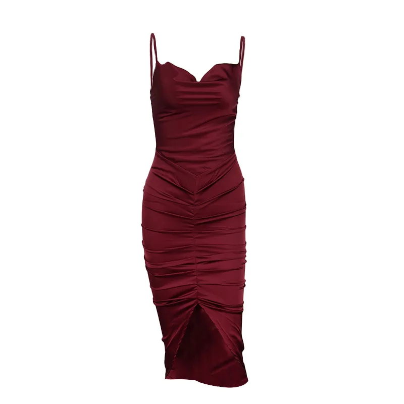 

Straps Cowl Neck Ruched Backless Satin Party Dress Women Red Spaghetti Sexy Long Dresses Summer Club Vestidos 2021 New