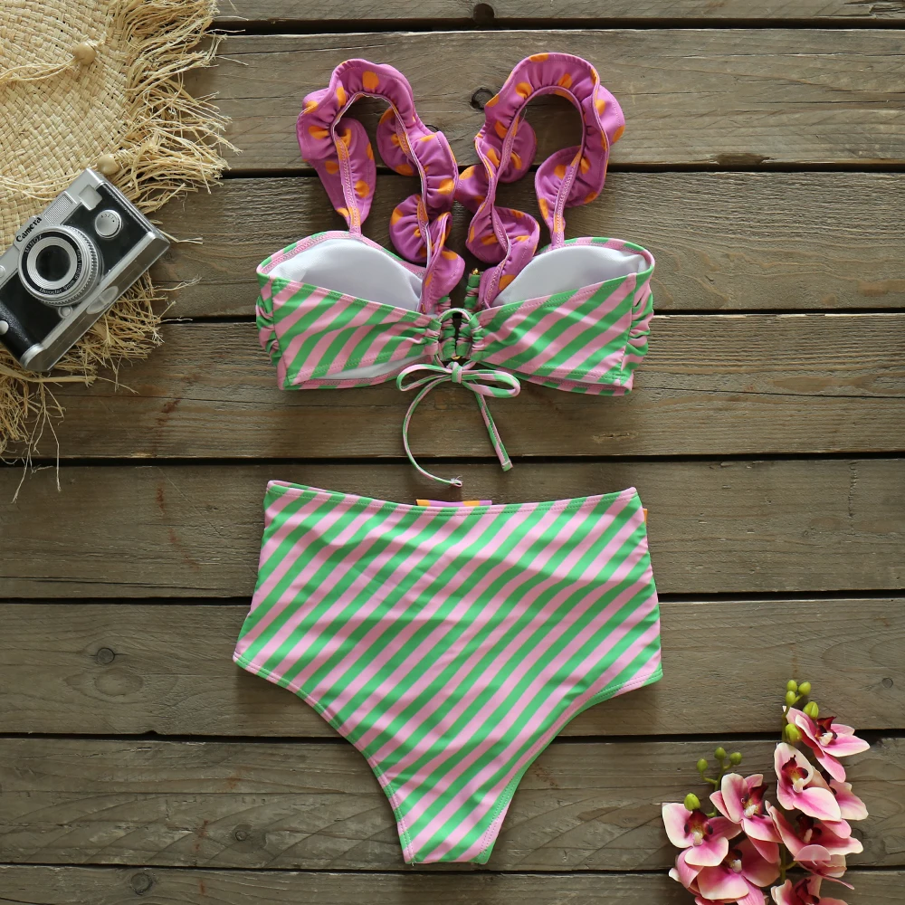 2021 New Sexy Bikinis Women High Waist Swimsuit Push Up Swimwear Flower Print Ruffle Bikini Set Beach Wear Bathing Suit