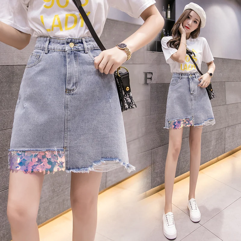 

Sequins Demin Stitch Plus Size Oversized Korean Fashion High-Waisted Vintage Summer Women'S Clothing Skirt Vetement Femme 2021