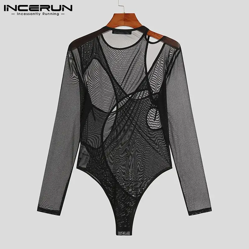 INCERUN Fashion Casual New Men Long Sleeve Triangle Rompers Breathable Mesh Sexy Leisure Patchwork Hot Sale Bodysuits S-5XL 2023