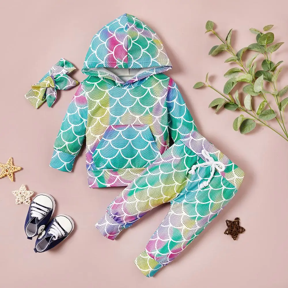 PatPat 2020 New Spring and Autumn 3-piece Fish Scale Print Hoodie Pants Set for Baby Girl Boy Sets Clothes | Детская одежда и