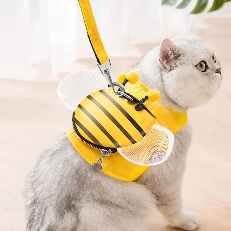 Pet Supplies Cat Dog Harness Pet Leash Set Vest Harness Little Bee Shaped Polyester Chest Strap Adjustable Bust Cat Leash