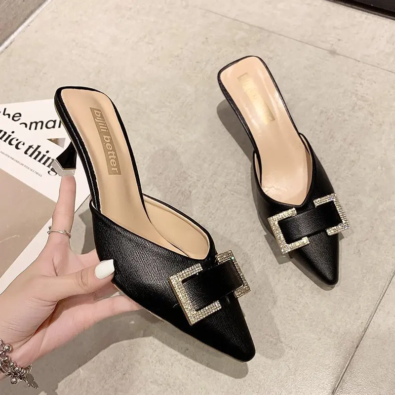 

Mules For Women 2021 Thin Heels Slippers Casual Shoes Slides Pantofle Low Pointed Toe Luxury Summer New Cover Fabric Rome Rubber