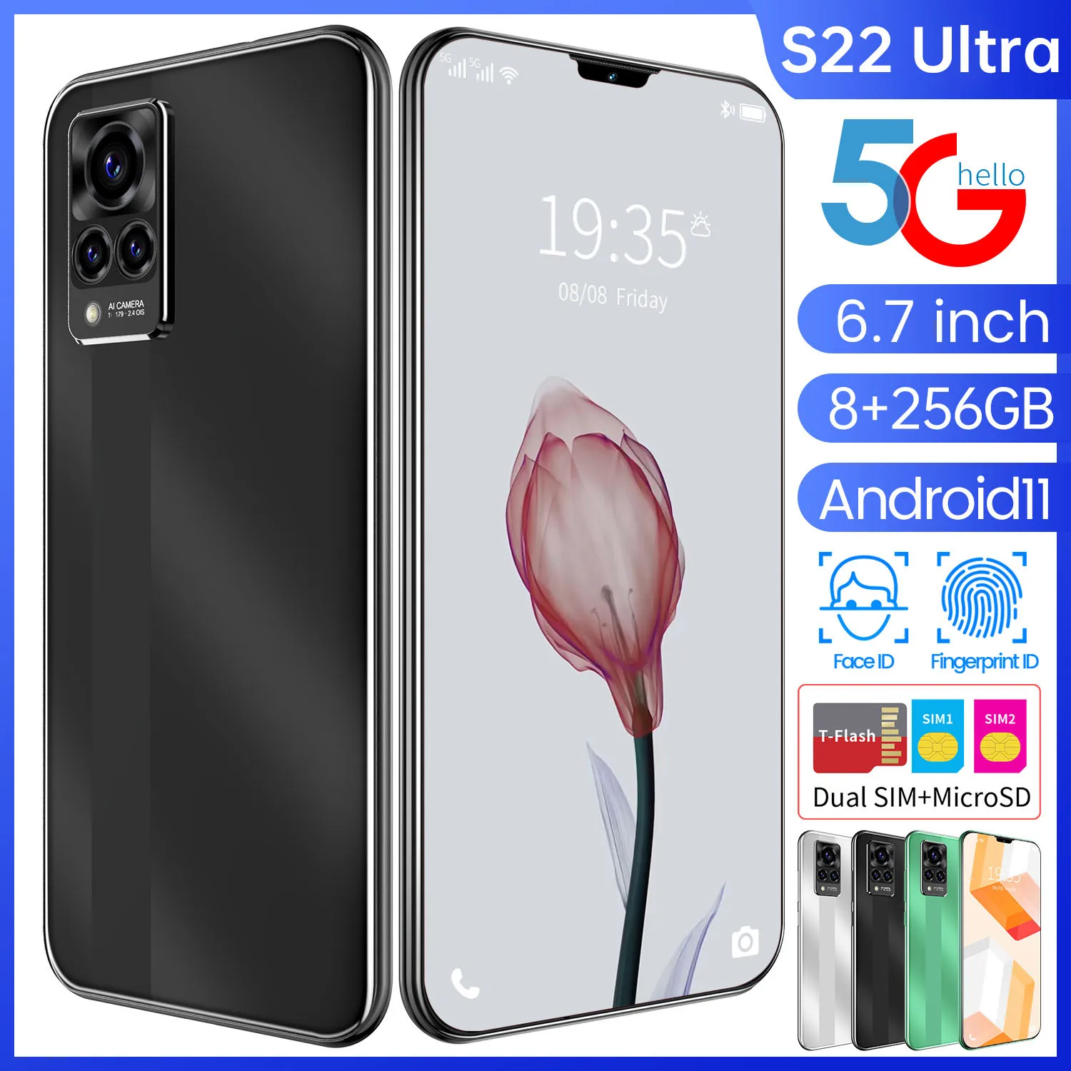

S22 Ultra Smart Phone 6.7 Inch 128/256GB Dual SIm+Micro SD 6000mAh Andriod 11 5G Deca Core 32+64MP Mobile Phone MTK6889+ Global