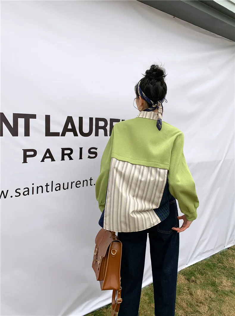 

Casual Single Breasted Striped Shirts for Women 2021 Spring Contrast Color Long Sleeve Turn Down Collar Blouse Tops Office Lady