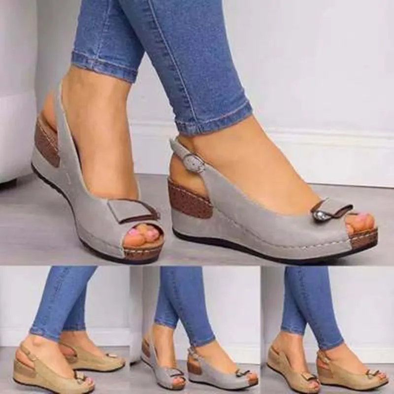 2021 New Women Summer Sandals Wedge Fish Mouth Buckle Shoes Casual Fashion Solid Beach Ladies Plus Size | Обувь