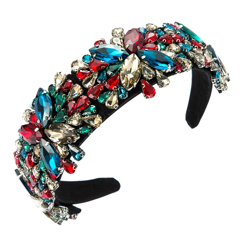

Gorgeous Baroque Colorful Crystal Flower Headband for Woman Luxury Diamond Flash Drill Padded Hair Accessories Girls Headpieces