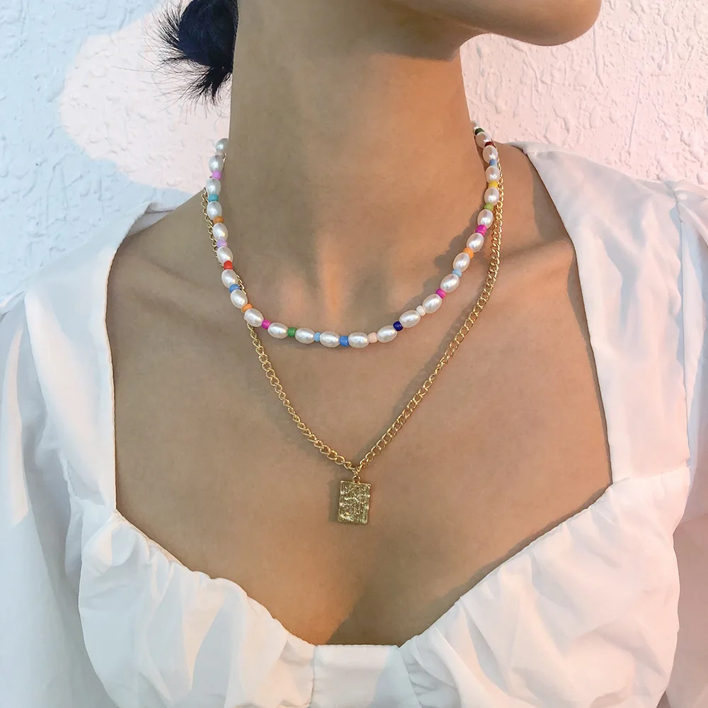 

Imitation Pearl Square Plate Pendant Clavicle Chain Elegant Alloy Bead Double-Layer Necklace for Women Cute Sweet Chains Jewelry