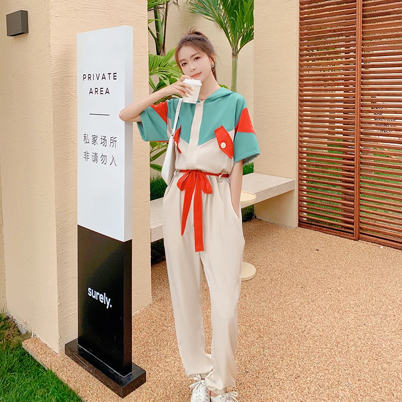 

Overalls for Women Fashion Splice Summer Short Sleeve Bandage Hooded Jumpsuits Female Streetwear Hip Hop One Piece Harem Pants