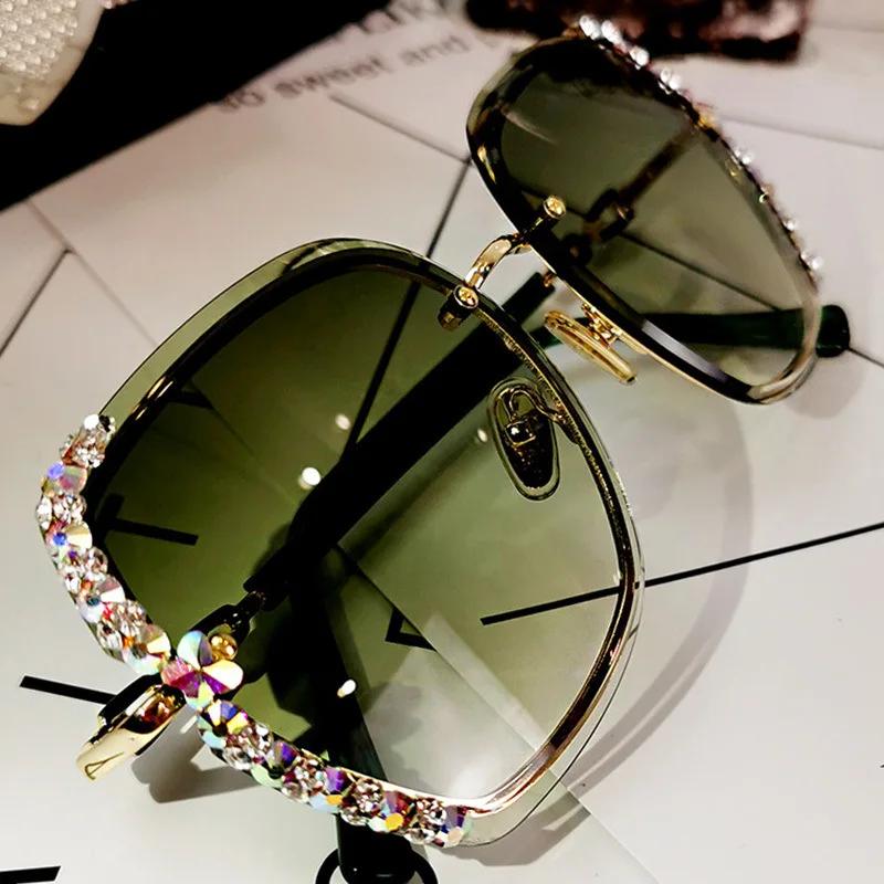 

Luxury Vintage Polarized Sunglasses Women High Quality Rhinestone Rimless Sun Glasses Square Gradient Eyeglasses Lentes De Sol
