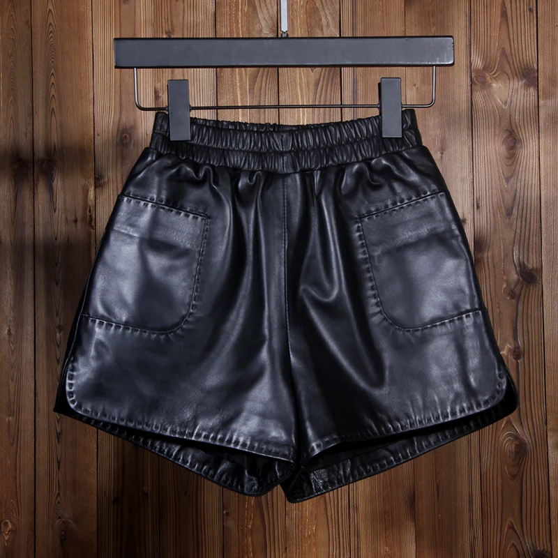 

Lady Genuine Leather Shorts Elastic High Waist Loose Korean Side Split A-Line Wide Leg Sheepskin Shorts Spring Autumn Women