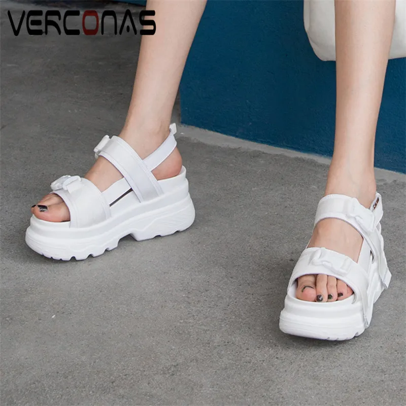 

VERCONAS Women Brand Design Genuine Leather Thick Bottom Increase Popular Basic Shoes Thick Heels Sandals Round Toe Shoes Woman