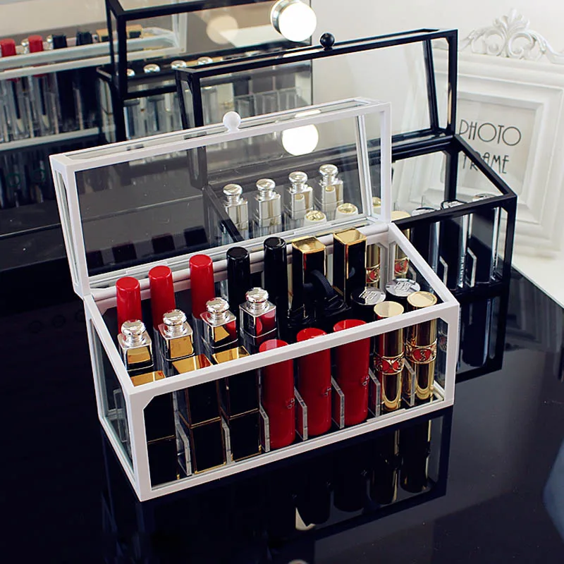 

Flip Dustproof Lipstick Storage Box Acrylic Finishing Box Desktop Glass Transparent Cosmetic Case White/Black 24 Slots Lipstick