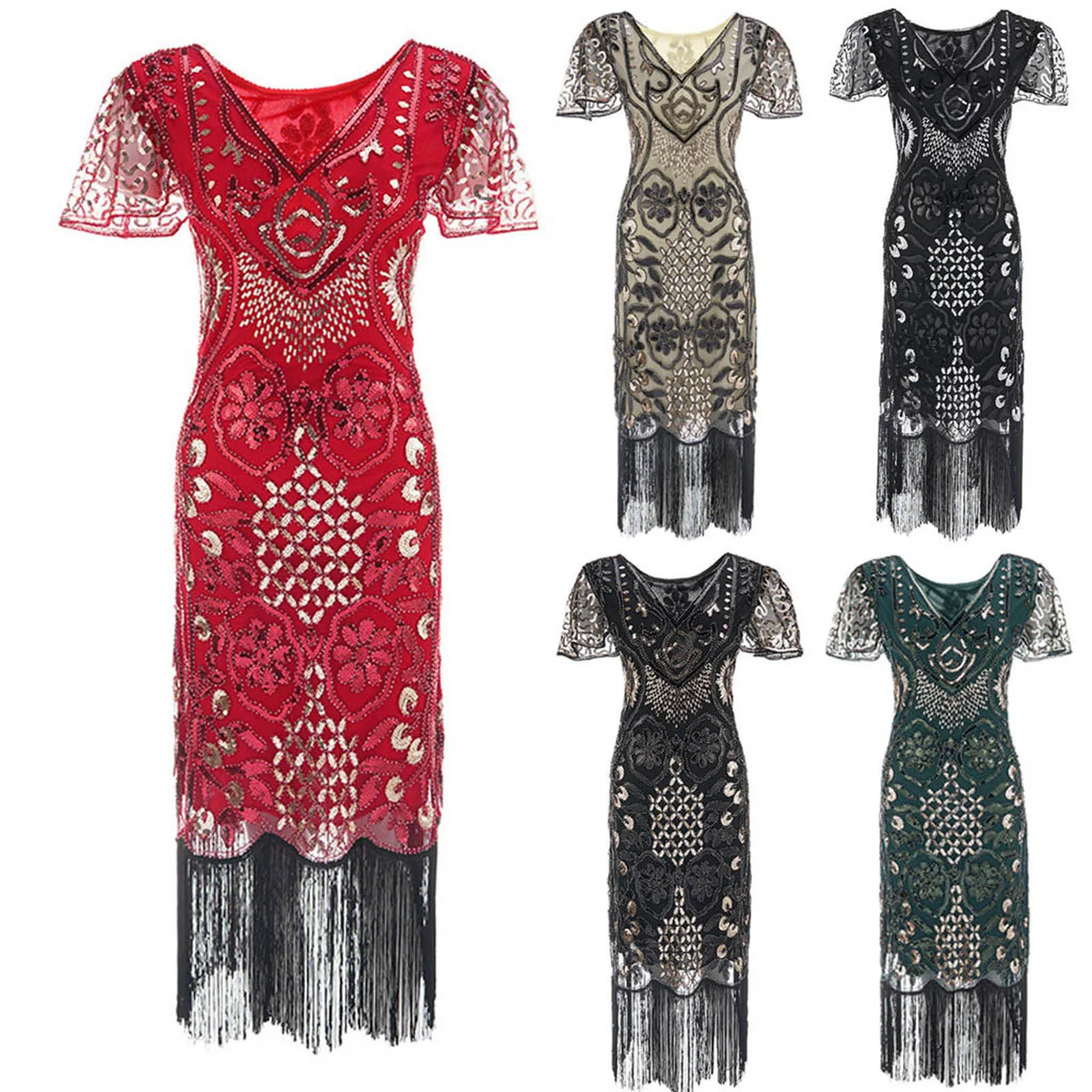 Женское винтажное коктейльное платье с кисточками облегающее миди V-образным