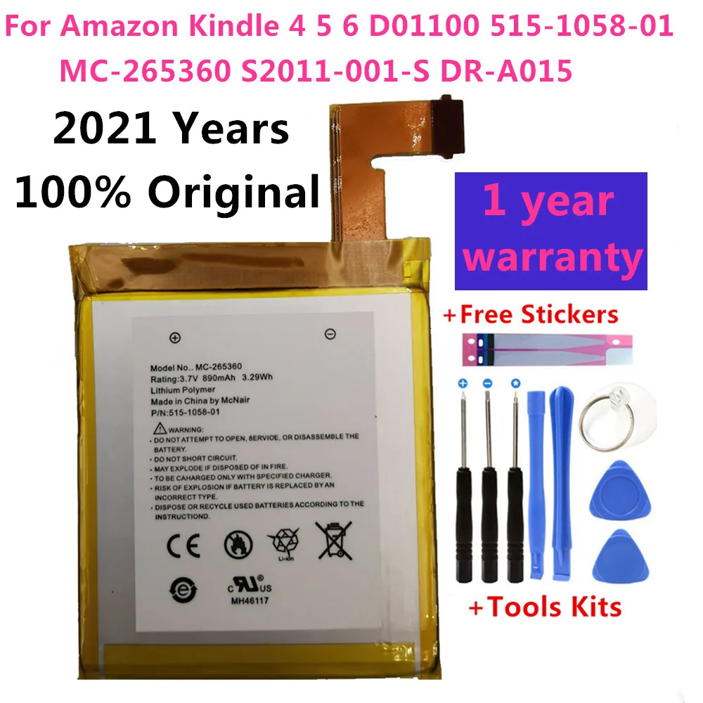 

Original 890mAh Battery For Amazon Kindle 4 5 6 D01100 515-1058-01 MC-265360 S2011-001-S DR-A015 Battery Gift Tools +Stickers