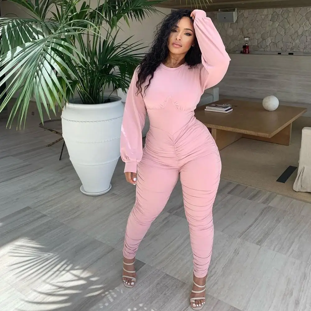 

Black Pink Stacked Long Sleeve Women Jumpsuits 2020 Fashion Autumn Clothing Streetwear One Piece Night Club Bodycon Body Suits