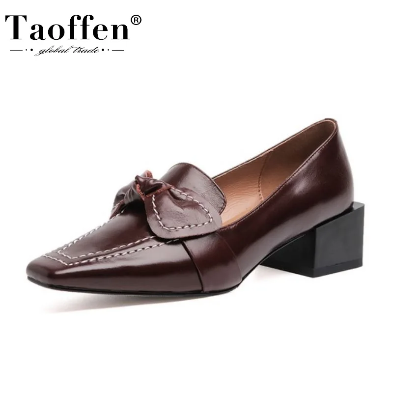 

Женские туфли-лодочки из натуральной кожи Taoffen, вечерние туфли размеров 34-39 на толстом каблуке, с квадратным носком и бантиком, в стиле ретро
