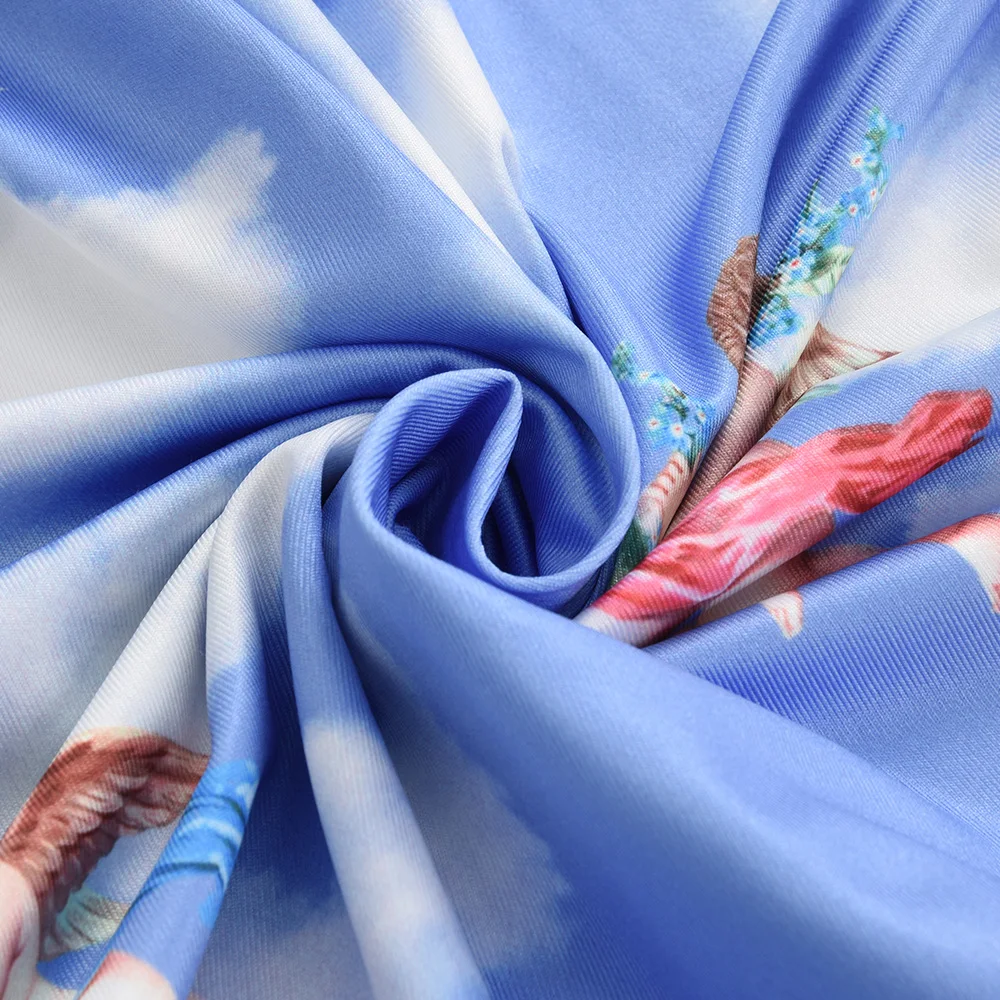 

6Xl 5Xl Plus Size Mini Corset Women Skirt Blue And White Skirt Angel Baby Clouds Printed Large Lady Rubber Band Waist Skirt D30