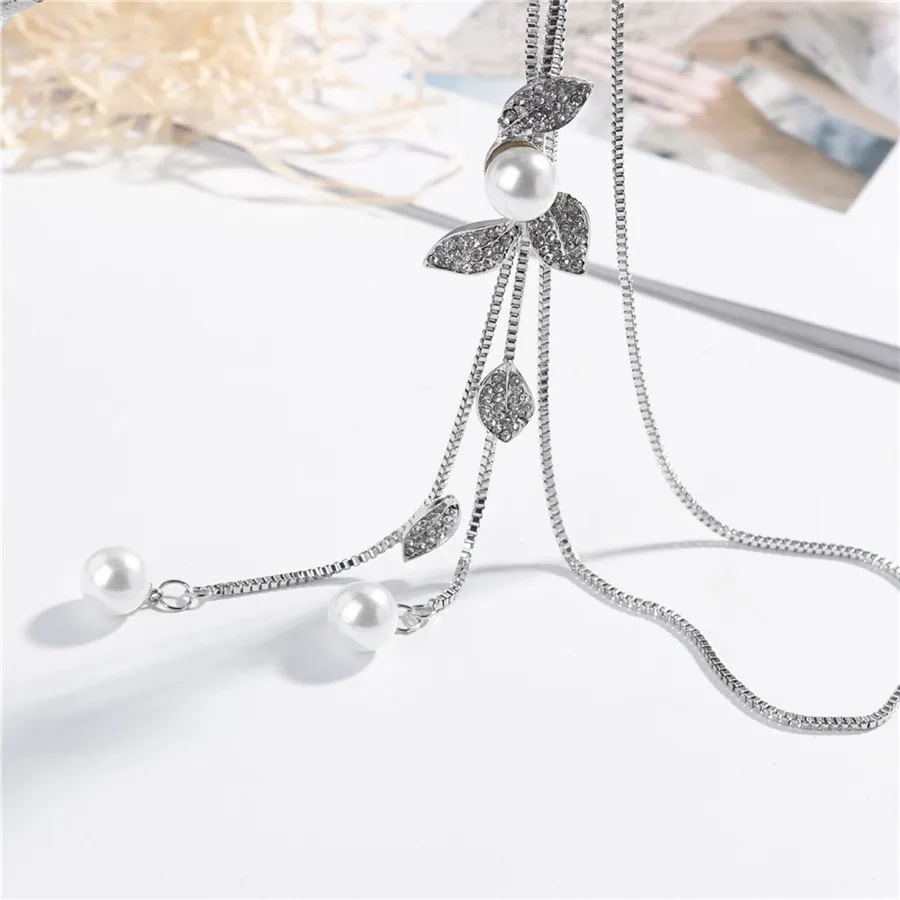 Многослойная подвеска с жемчужными кристаллами в виде листьев и цветов длинная