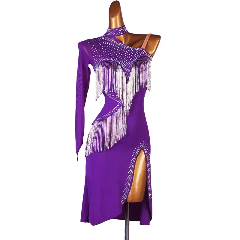 

Women's Latin Ballroom Competition Dress Tassel Costume Single Sleeve