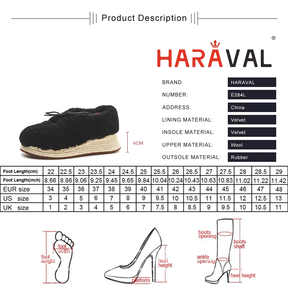 

HARAVAL Women Pumps Shoes Casual Wedges Spring Autumn Winter Fashion Round Toe Basic Wool Winter Elegant Black White Brown E284L