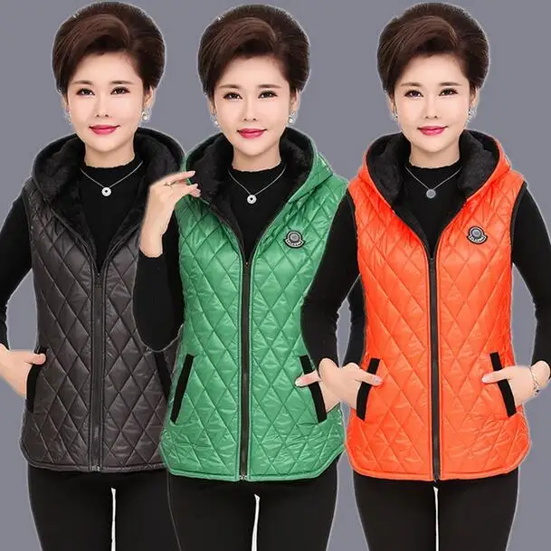 

Thick Warm Zipper Plaid Fall Winter Mother Plus Size Sleeveless Jacket Coat Women Hooded Solid Outerwear DW143