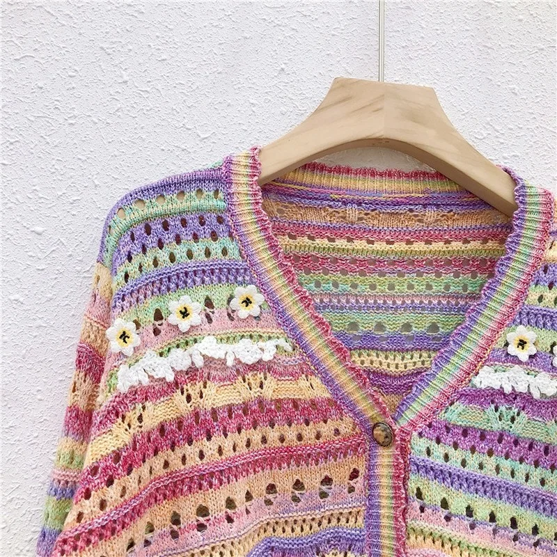 

Harajpoo Women Cardigans Fall New Hit Color Point Cotton Retro Crochet Jacket V Neck Long Sleeve Knitted Hollow Design Tops