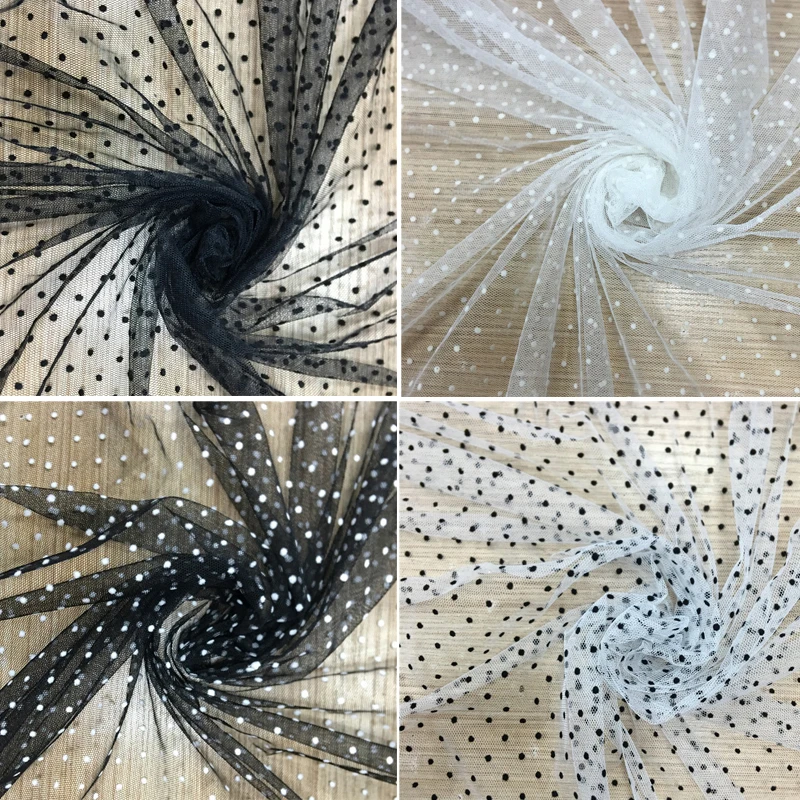 

150cm Width Black White Flocked Polka Dot Mesh Tulle Fabric High Quality Bridal Dress Wedding Decoration Girls Net Skirt Fabric