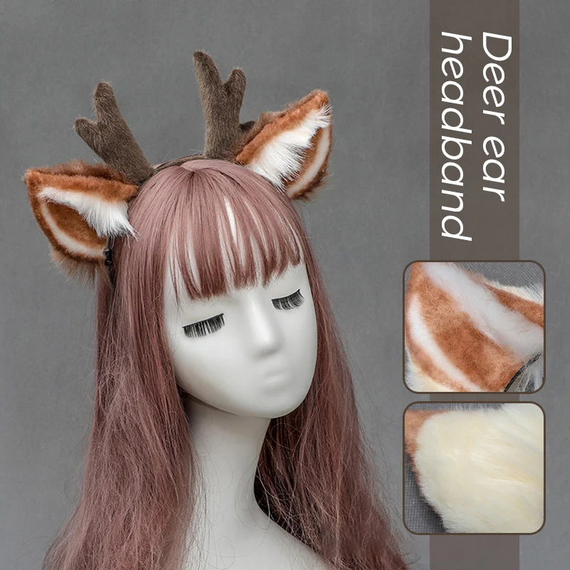 Furry Anmimal Faux Fur Antler Hair Band Women Cute Reindeer Deer Ear Hair Hoop Xmas Headbands Lolita Anime Cosplay Headwear