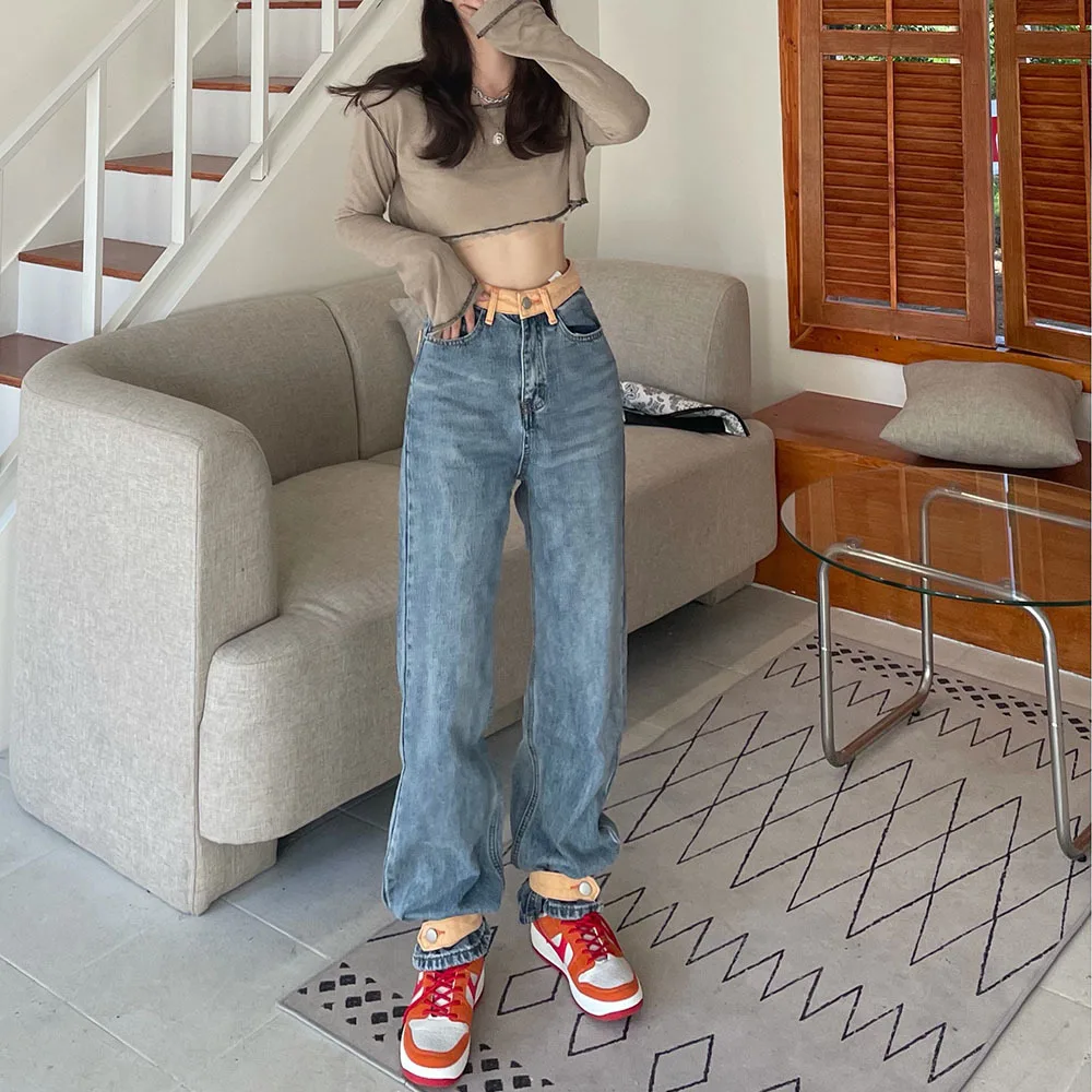 

Джинсы женские, с высокой талией, с широкими штанинами, голубого цвета, винтажные, весна-осень, 2021