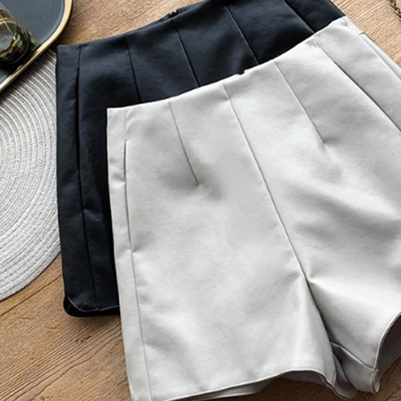 

Autumn Faux Leather Pocket Women's Shorts High Waist Zipper All-Match Women's Short Pants Solid Simple New Casual Lady Bottoms