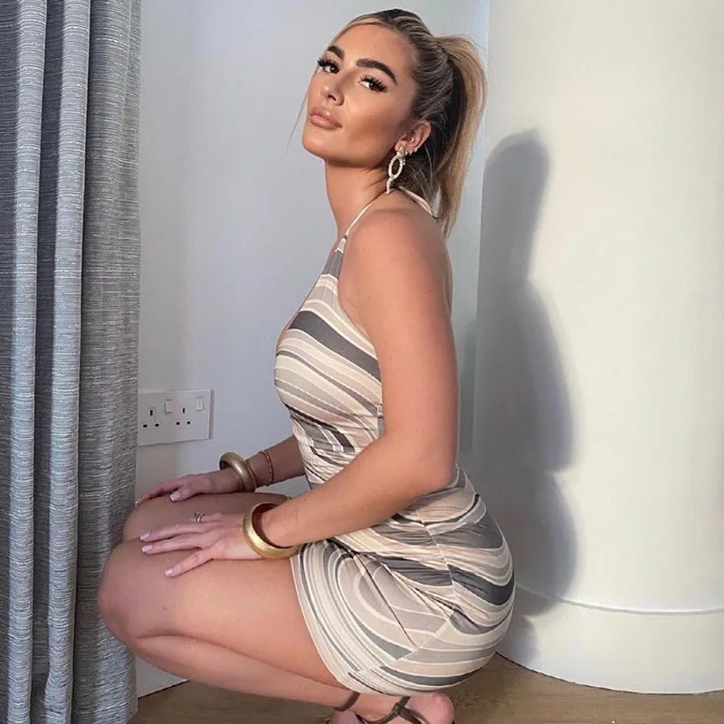 

Tie Dye Mini Bodycon Dress Club Wear Summer Ladies Clothes Women Print Backless Off Shoulder Brown Sheath Dress 2021