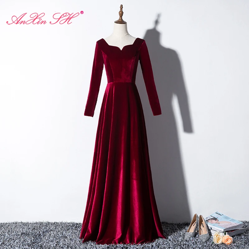 

AnXin SH princess wine red velvet evening Dress vintage party sweet heart beading bride long sleeve performance evening dress