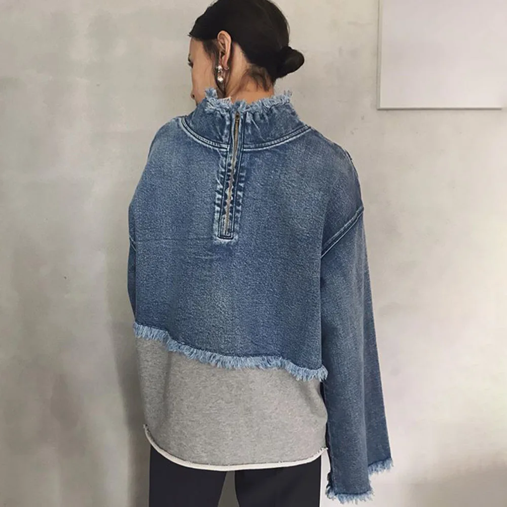 Женский джинсовый свитер с длинным рукавом свободный синий пуловер в стиле