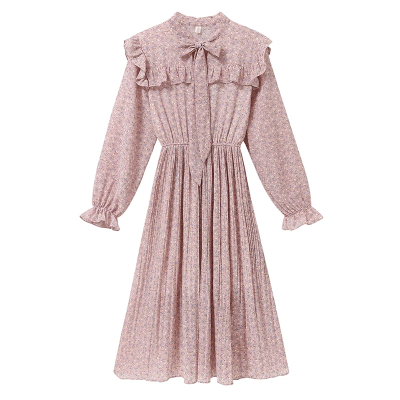 

Spring Floral Print Dress 2021 New Women Ruffle Bow Tie Chiffon Long Dresses Elegant Party A Line Slim Pleated Dress Vestidos