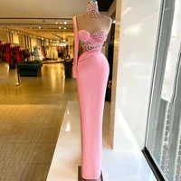 elegant pink mermaid evening dresses one shoulder high neck flowers prom gowns satin pleat second reception dress customise