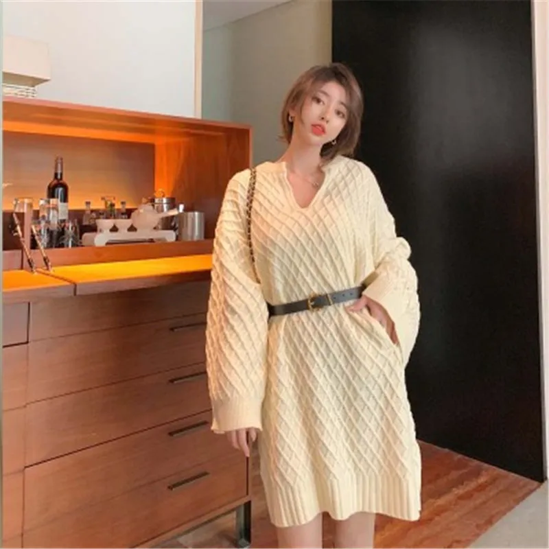 

Новые свободные шерстяные вязаные платья с длинным рукавом, утепленное теплое платье-свитер, пуловеры, корейские мини-платья с поясом, Осен...