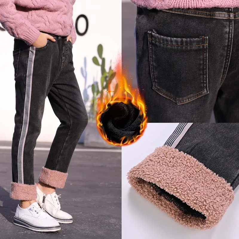 Зимние брюки джинсы для девочек подростков бархатные теплые флисовые джинсовые