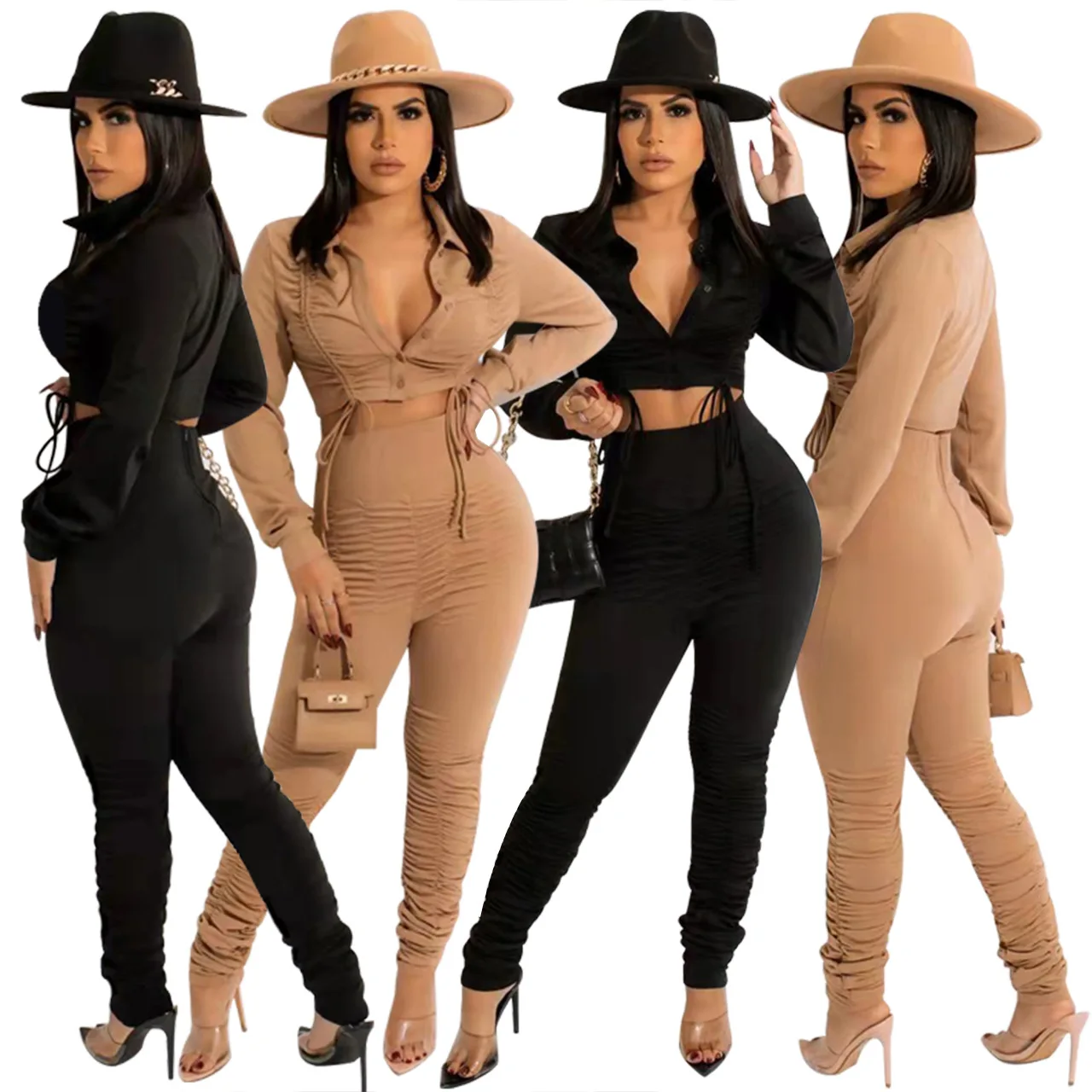 

Women's Fashion Two-piece Suit Fashion Casual Drawstring Pleated Solid Color Two-piece Two-piece Two-piece Women's Clothing