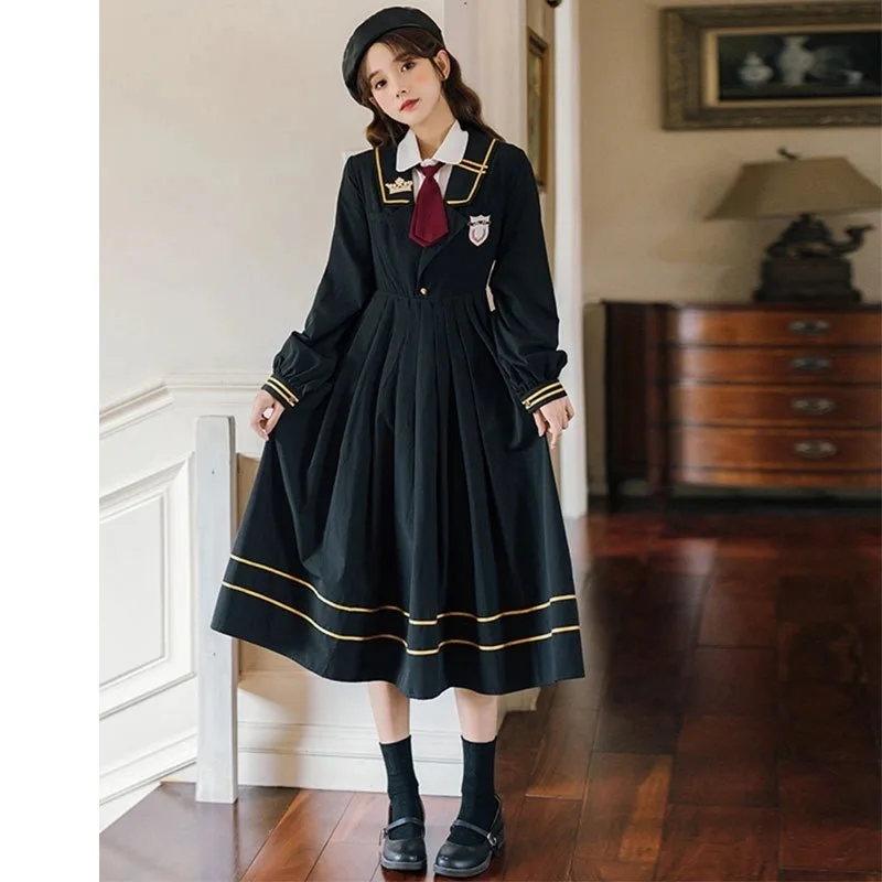 

Spring Autumn Suit Uniform Women Retro College Style Dress Girls Sweet Navy Collar High Waist Midi Stripes Long Sleeve Pleated