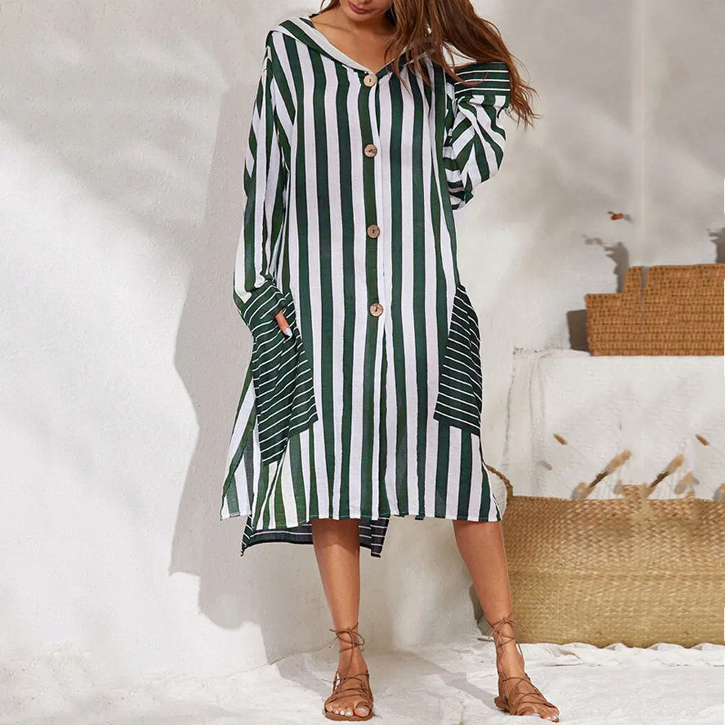 Полосатая свободная пляжная повседневная юбка с v-образным вырезом платье