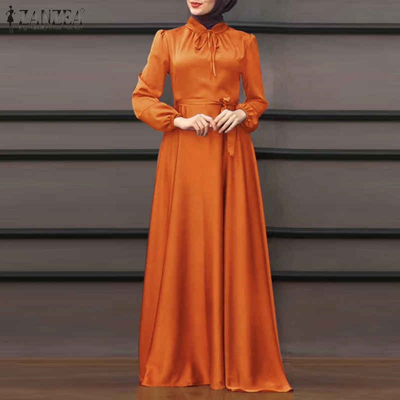 Платье ZANZEA женское атласное на шнуровке, элегантный мусульманский длинный сарафан с длинным рукавом, Дубайский хиджаб