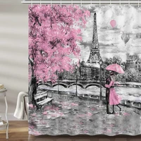 retro paris scenery shower curtain city tower romantic couple pink flowers trees bathroom waterproof polyester screen home decor