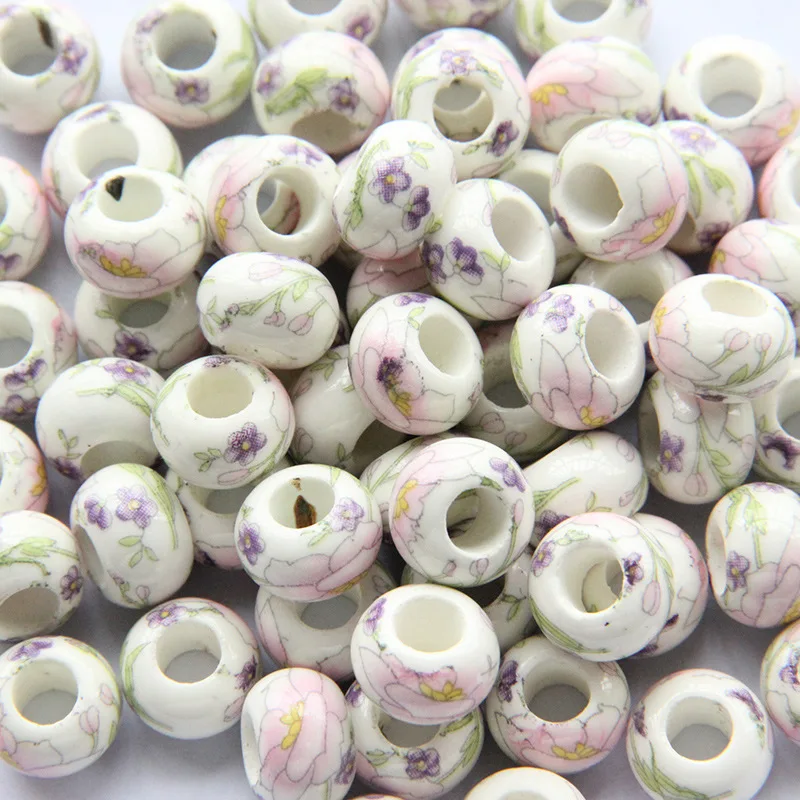 10Pcs/Lot Round Ceramic Beads 7mm*13mm Porcelain Beads Big Hole Flower Loose Spacer Beads For Jewelry Making DIY Accessory