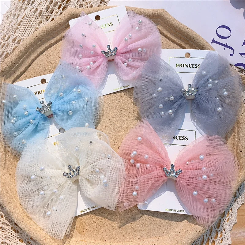 

2021 New Fashion Sweet Girl Princess Crown Duckbill Clip Simple Beautiful Imitation Pearl Yarn Bow Hairpin Hair Accessories