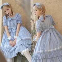 uzn blue lolita prom dress lace vintage evening dress short puff sleeves maid outfits plus size party dress